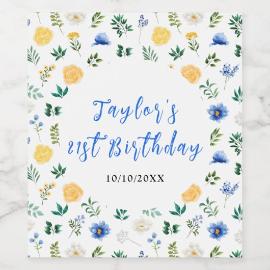 Blue and Yellow Floral Birthday Weinetikett (Einzelnes Label)