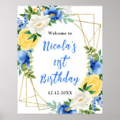 Blue and Yellow Floral Birthday Welcome Poster (Vorne)
