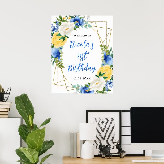 Blue and Yellow Floral Birthday Welcome Poster (Heimbüro)