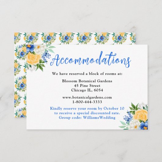 Blue and Yellow Floral Wedding Accommodations Begleitkarte (Vorne/Hinten)