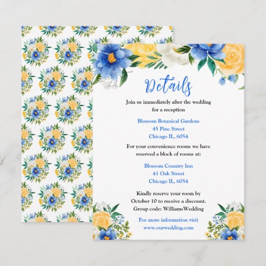 Blue and Yellow Floral Wedding Details Begleitkarte (Vorne/Hinten)