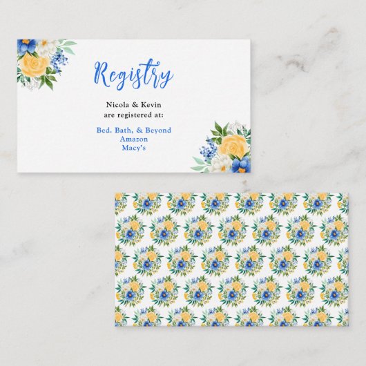 Blue and Yellow Floral Wedding Registry Begleitkarte (Vorne/Hinten)