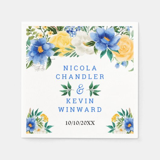 Blue and Yellow Floral Wedding Serviette (Vorderseite)