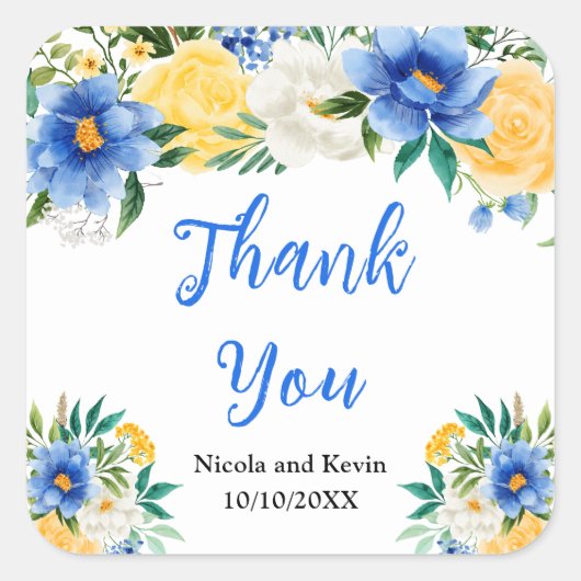 Blue and Yellow Floral Wedding Thank You Quadratischer Aufkleber (Vorderseite)