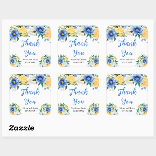 Blue and Yellow Floral Wedding Thank You Quadratischer Aufkleber (Blatt)
