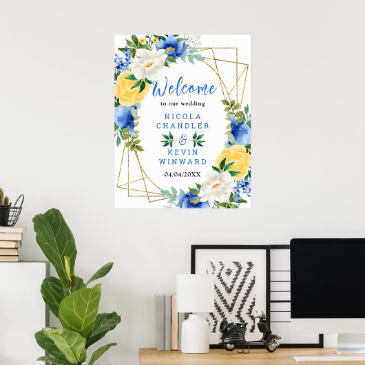 Blue and Yellow Floral Wedding Welcome Sign Poster (Heimbüro)