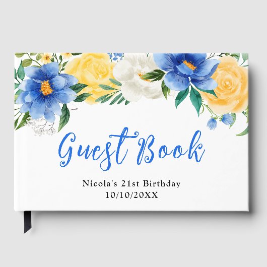 Blue and Yellow Flowers with Foliage Birthday Gästebuch (Vorderseite)