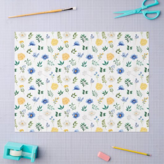 Blue and Yellow Flowers with Foliage Pattern Seidenpapier (Basteln)