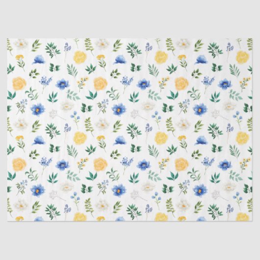 Blue and Yellow Flowers with Foliage Pattern Seidenpapier (Vorderseite)