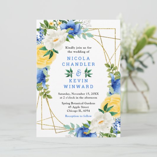 Blue and Yellow Flowers with Foliage Wedding Einladung (Stehend Vorderseite)