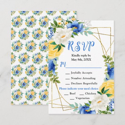 Blue and Yellow Flowers with Foliage Wedding RSVP Karte (Vorne/Hinten)