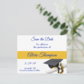 Blue and Yellow Graduation Cap and Tassel Save The Date (Stehend Vorderseite)