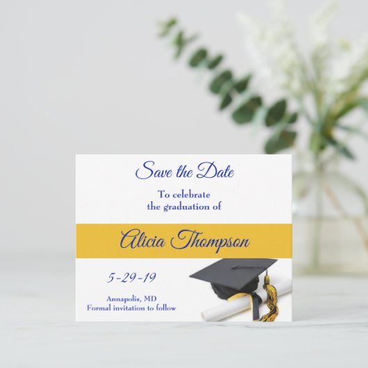 Blue and Yellow Graduation Cap and Tassel Save The Date (Stehend Vorderseite)