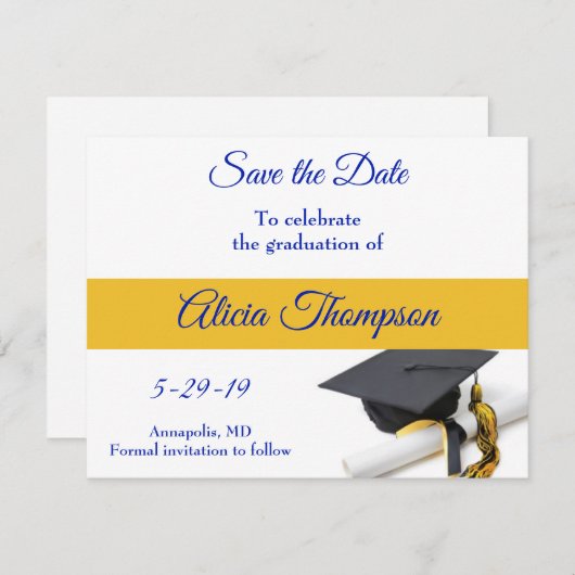 Blue and Yellow Graduation Cap and Tassel Save The Date (Vorne/Hinten)