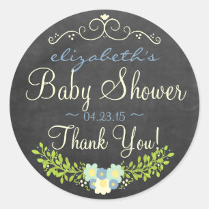Blue and Yellow Laurel Chalkboard Look Baby Dusche Runder Aufkleber