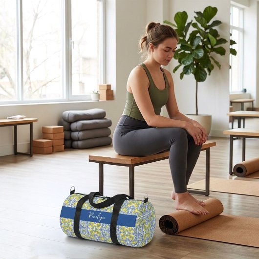 Blue and Yellow Mediterranean Tile Pattern Duffle Bag