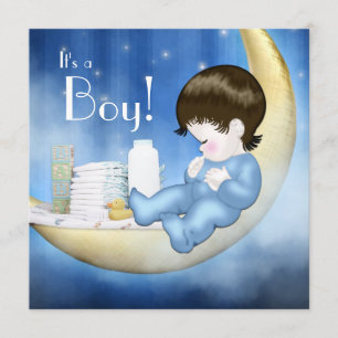 Blue and Yellow Moon Baby Boy Dusche Einladung