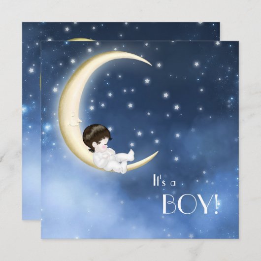 Blue and Yellow Moon Baby Boy Dusche Einladung (Vorne/Hinten)