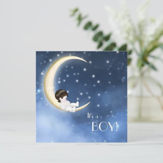 Blue and Yellow Moon Baby Boy Dusche Einladung (Stehend Vorderseite)