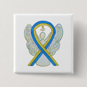 Blue and Yellow Ribbon Awareness Angel Custom Butt Button