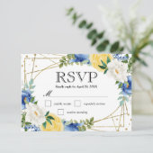 Blue and Yellow Summer Flowers Wedding RSVP Karte (Stehend Vorderseite)