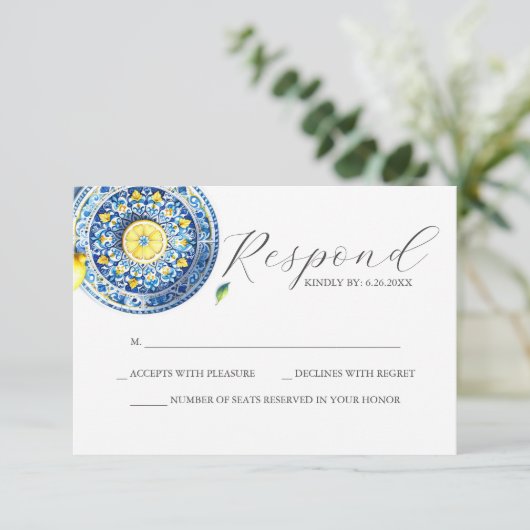 Blue and Yellow Wedding RSVP Card (Stehend Vorderseite)