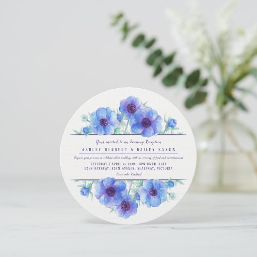 Blue Anemone Abend Empfang Hochzeit lädt ein Einladung (Stehend Vorderseite)