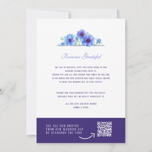 Blue Anemone Blumen Hochzeit danke QR Foto (Rückseite)