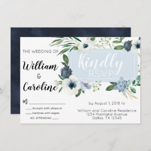 Blue Anemone Floral Wedding RSVP Response Card Einladung