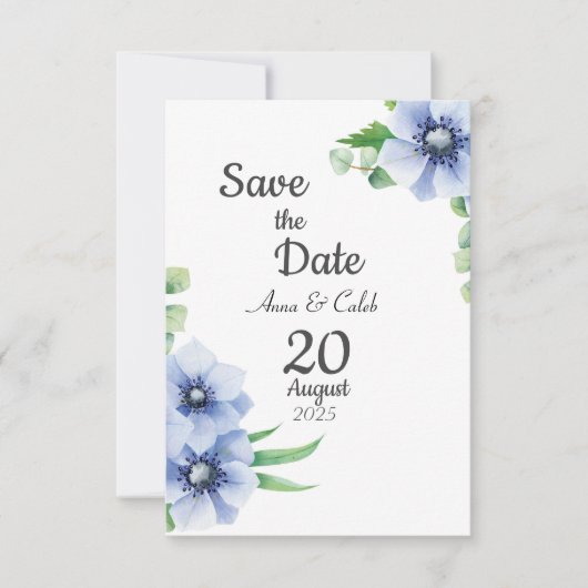 Blue Anemone und Eukalyptus Save the Date Card (Vorderseite)