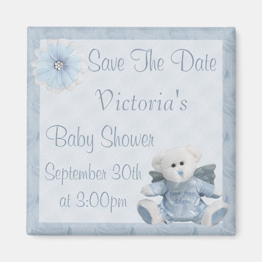 Blue Angel Teddy Bear Save the Date Baby Dusche Magnet (Vorne)