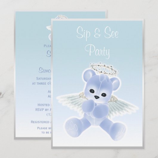 Blue Angel Teddy Bear Sip & See Einladung (Vorne/Hinten)