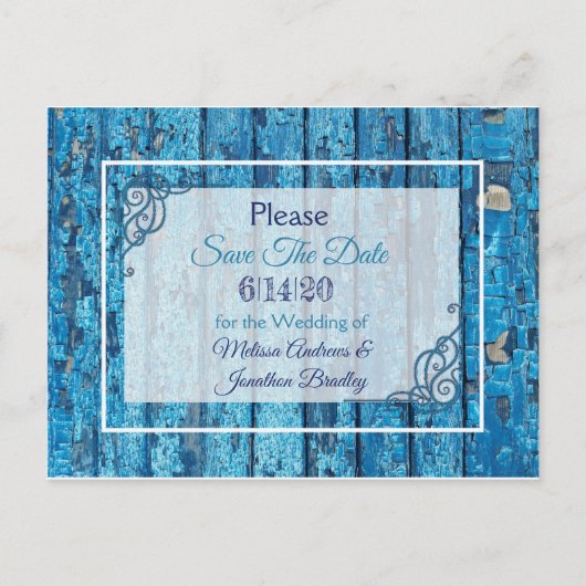 Blue Antique Weathered Wood Wedding speichern das  Ankündigungspostkarte (Vorderseite)