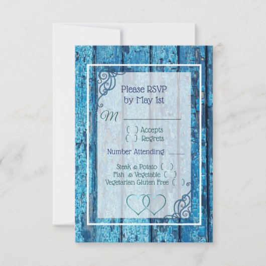 Blue Antique Wood Wedding RSVP Karte (Vorderseite)