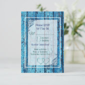 Blue Antique Wood Wedding RSVP Karte (Stehend Vorderseite)