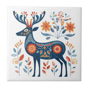 Blue Antler Deer Scandinavian Folk Art Fliese