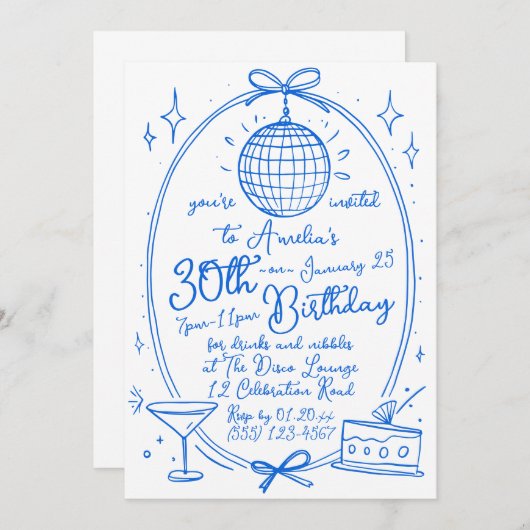 Blue any Age 30 th Birthday Disco Hand Drawn Einladung (Vorne/Hinten)