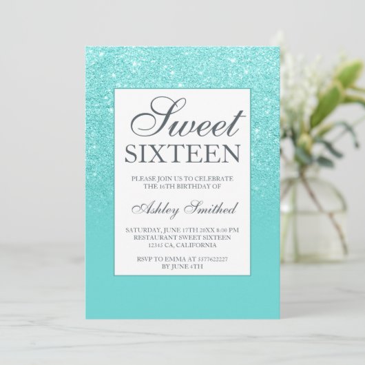 Blue aqua Glitzer eleganter Chic Sweet 16 Einladung (Stehend Vorderseite)