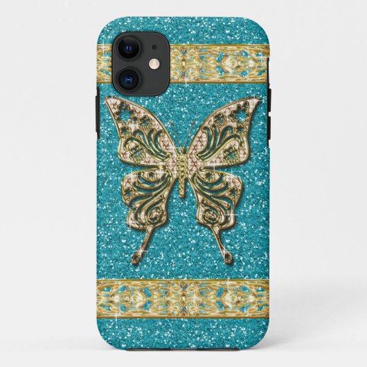 Blue Aqua Glitzer Golden Butterfly Case-Mate iPhone Hülle (Rückseite)