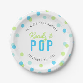Blue Aqua Green Confetti Bereit zum Pop Babydusche Pappteller