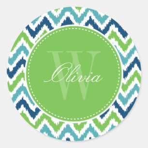 Blue Aqua Green Zigzag Ikat Muster Monogram Runder Aufkleber