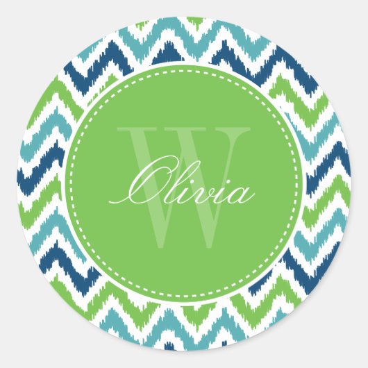Blue Aqua Green Zigzag Ikat Muster Monogram Runder Aufkleber (Vorderseite)
