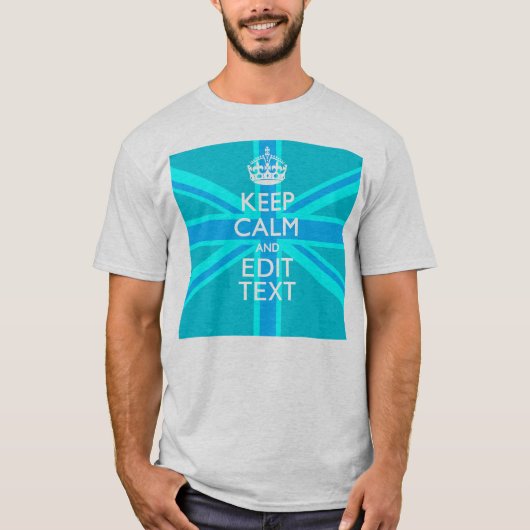 Blue Aqua Keep Calm And Your Text Union Jack T-Shirt (Vorderseite)