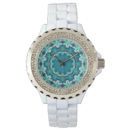 Blue Aqua Mandala Rosette Retro Hippie Armbanduhr