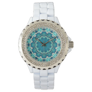 Blue Aqua Mandala Rosette Retro Hippie Armbanduhr