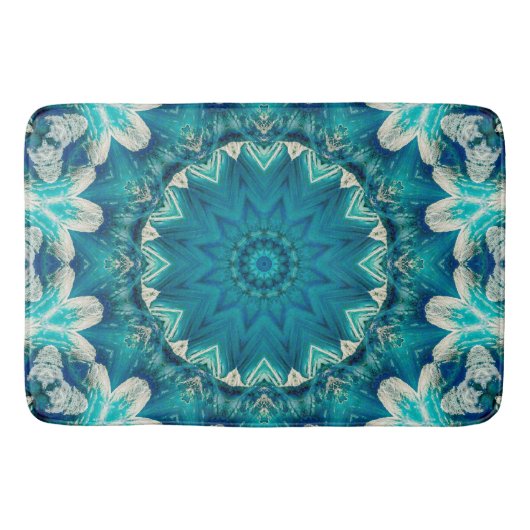 Blue Aqua Mandala Rosette Retro Hippie Badematte (Vorderseite)