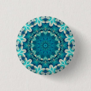 Blue Aqua Mandala Rosette Retro Hippie Button