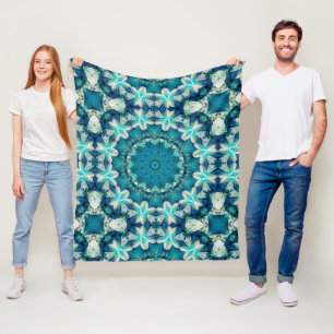 Blue Aqua Mandala Rosette Retro Hippie Fleecedecke