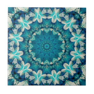 Blue Aqua Mandala Rosette Retro Hippie Fliese