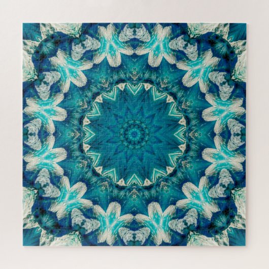 Blue Aqua Mandala Rosette Retro Hippie Puzzle (Horizontal)
